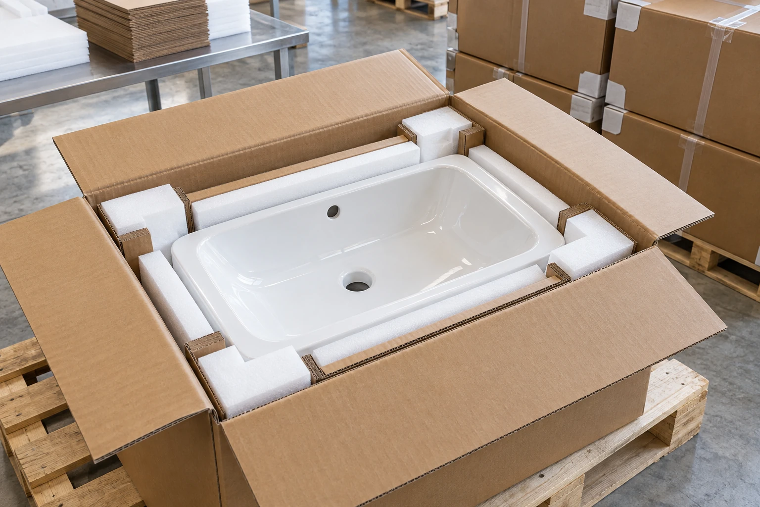 Ceramic sink protected by fitted foam inside an export carton