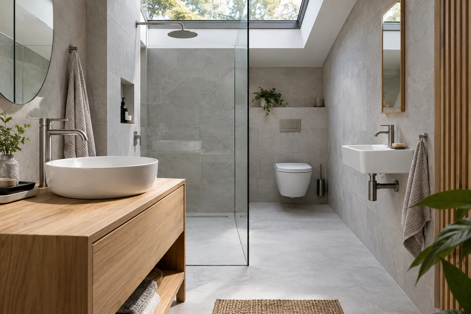 Countertop and wall hung ceramic sinks in one modern bathroom
