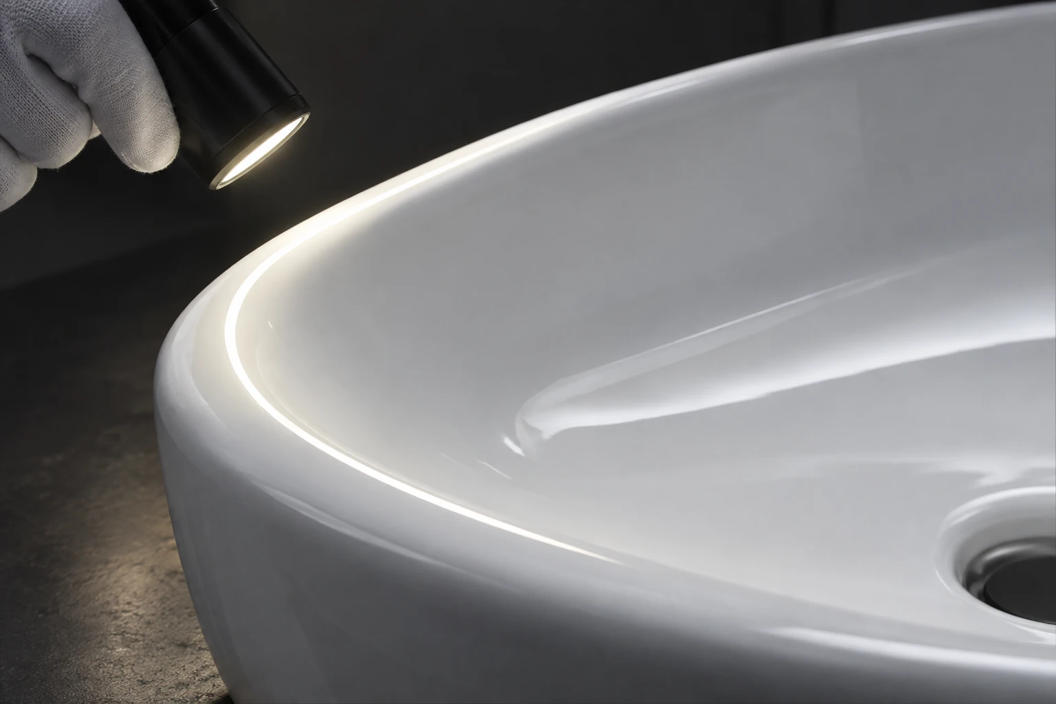 Inspection light revealing the smooth glaze on a ceramic sink rim