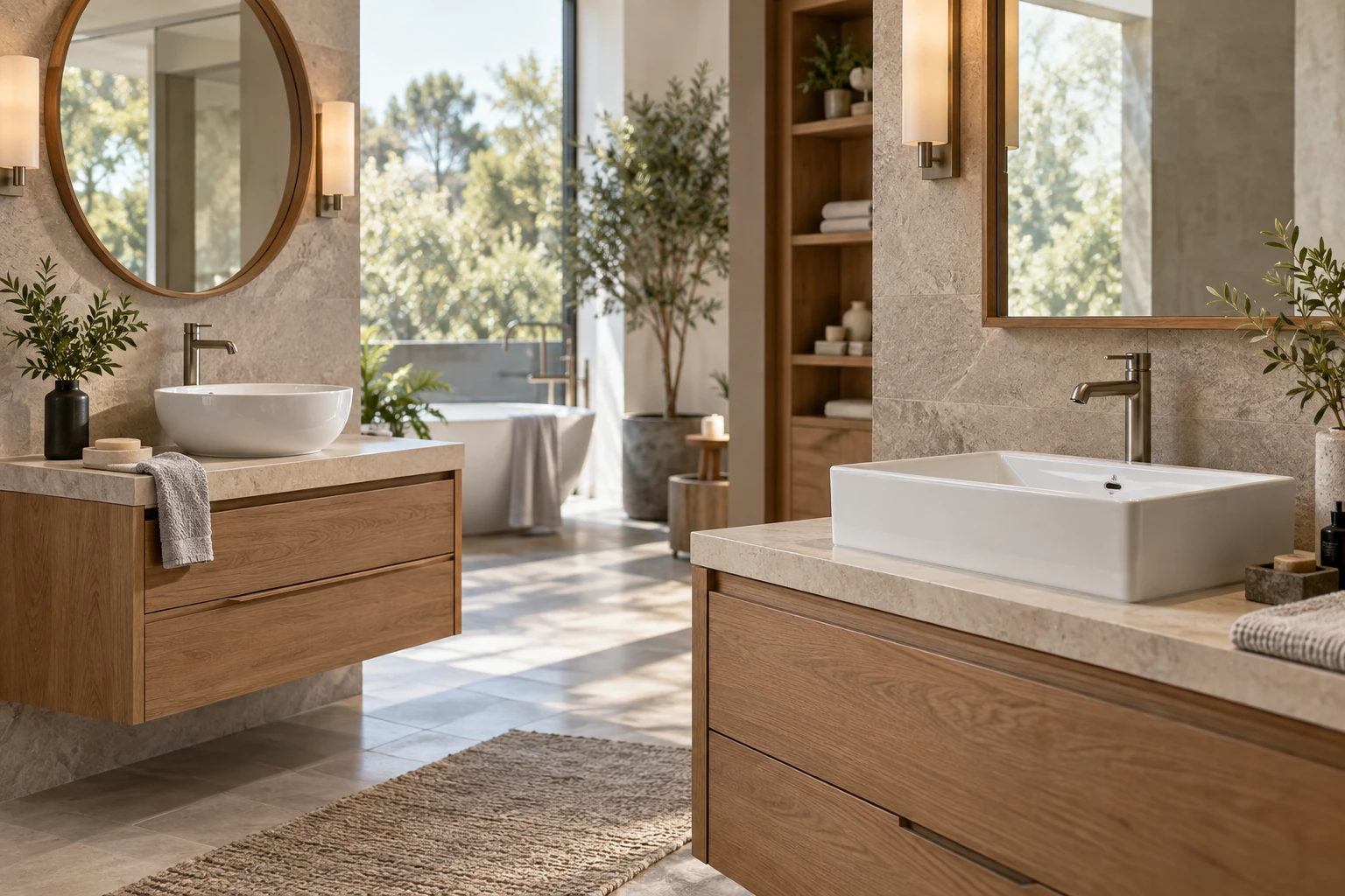 Round and rectangular ceramic sinks displayed on separate bathroom vanities