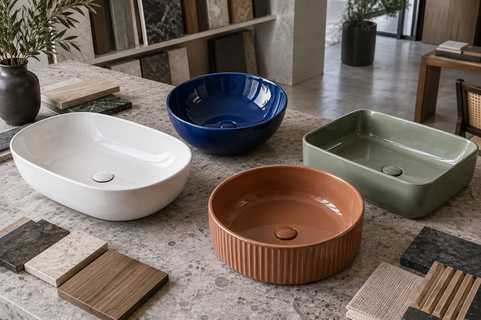 White blue green and terracotta ceramic basins in a design studio