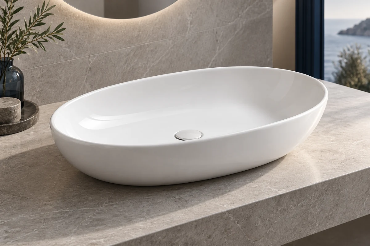 Oval ceramic basin in a contemporary bathroom