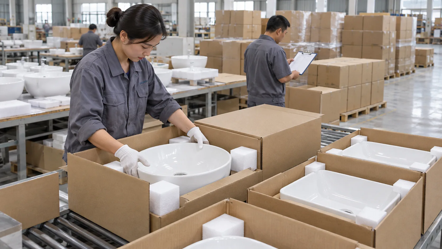 Ceramic sinks being packed for export